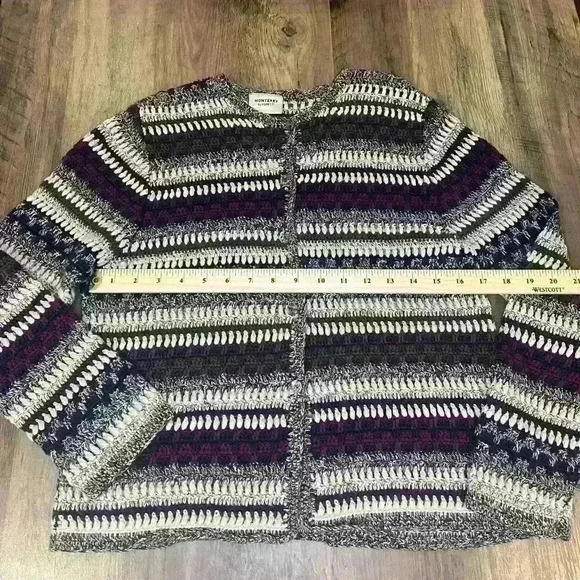 Cozy  Vintage 90s Striped Knitted Crewneck Button-Up Cardigan Sweater Purple‎ - Picture 3 of 5